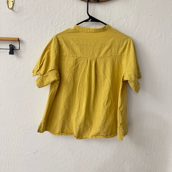 Yellow Linen Cotton Blend Boxy Embroidered Button Down Short Sleeve - Picture 6 of 6